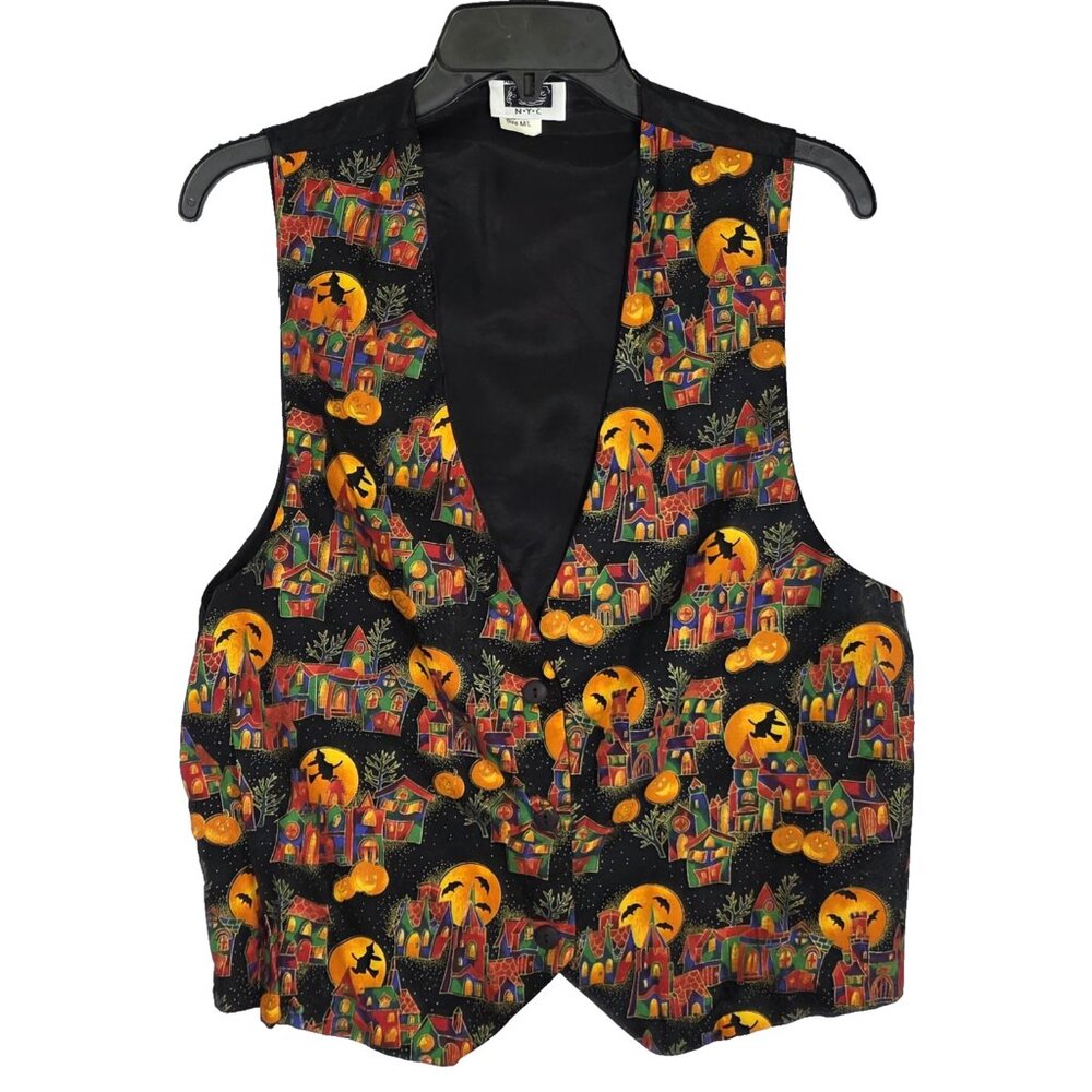 Vintage Halloween Vest Womens Medium Large Haunted Houses Pumpkins Witch USA 90s